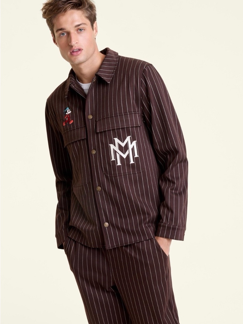 Disney Brown Pinstripe Mickey Mouse Collared Jacket
